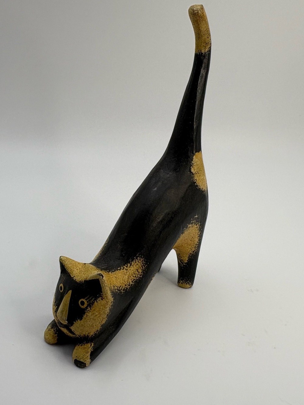 Vintage Bali Wood Hand Carved Long Tail Cat Figurine Black Cream Folk Art Decor
